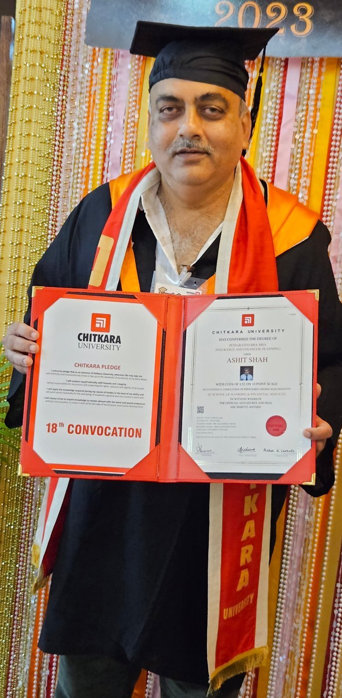 Ashit Shah at the 18th Convocation holding his Integrated BBA-MBA degree from Chitkara University